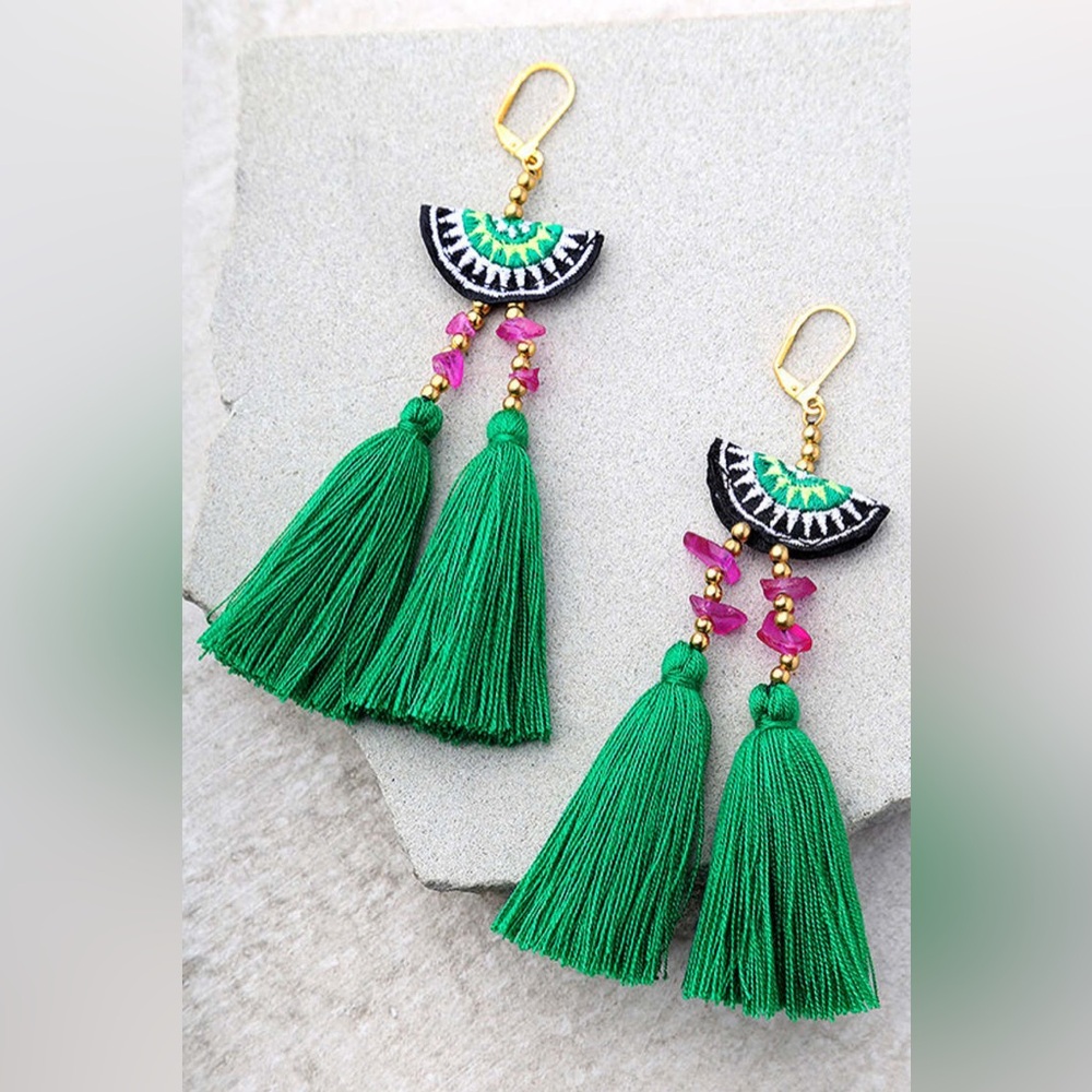 Shashi Delaney Green Tassel Earrings Boho Statement
